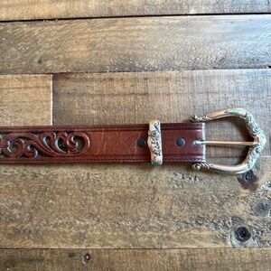 VNTG Brighton Brown Leather Belt with Silver Buckle laser cut